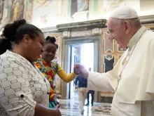 Pope Francis meets with members of the Arché Foundation at the Vatican, Sept. 2, 2021.